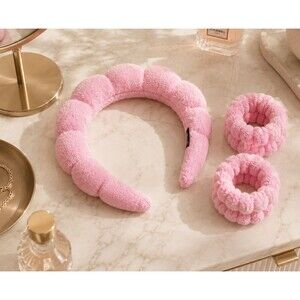 Pink Puffy Spa Headband & Wrist Wash Band Set Terry Cloth Skincare Makeup NEW